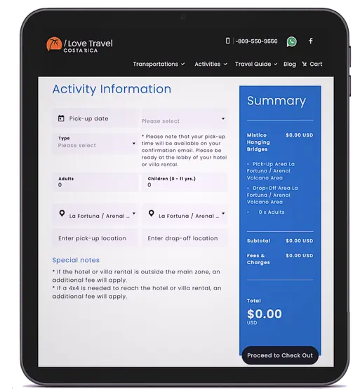 ILT Costa Rica booking interface on tablet