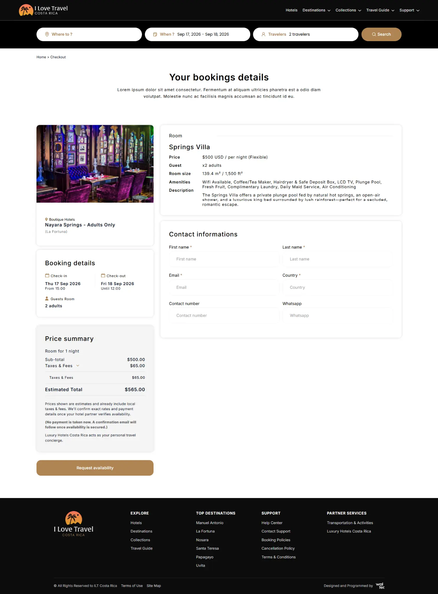 Luxury Hotels Costa Rica booking details page