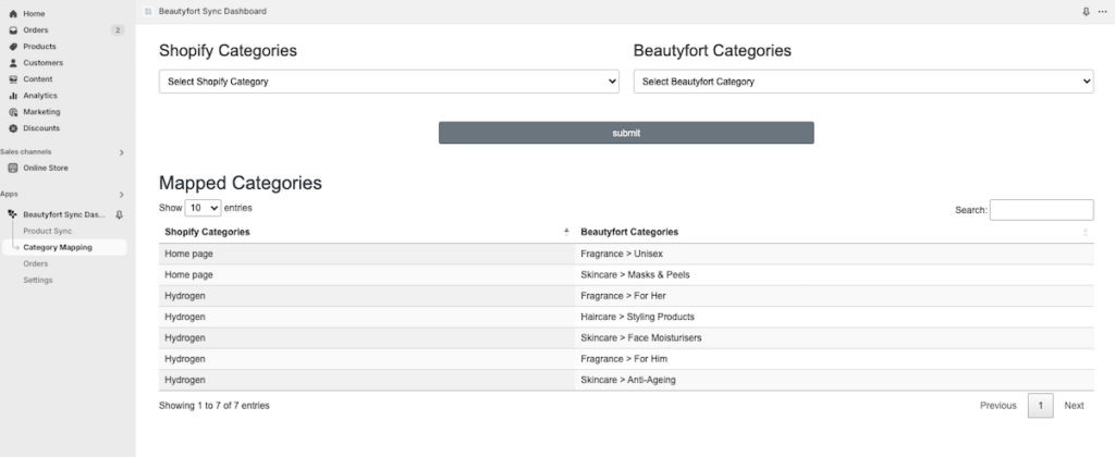 Beautyfort integration Category mapping