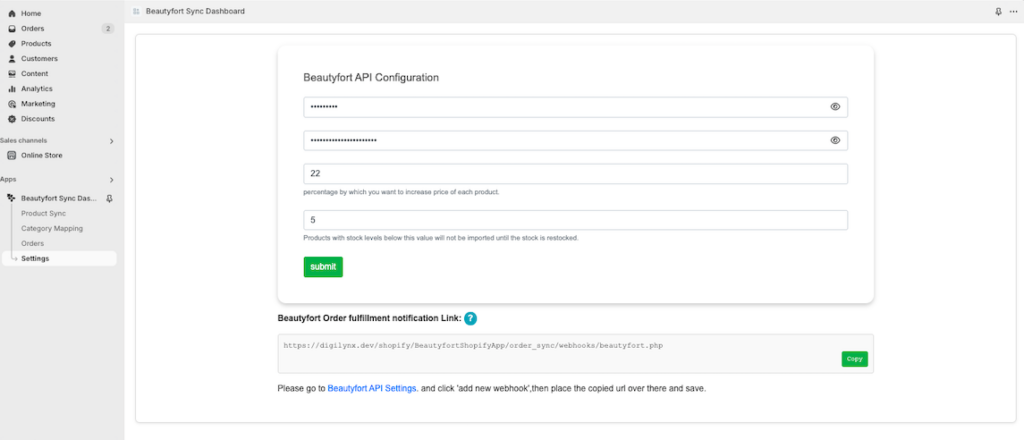 Beautyfort integration settings